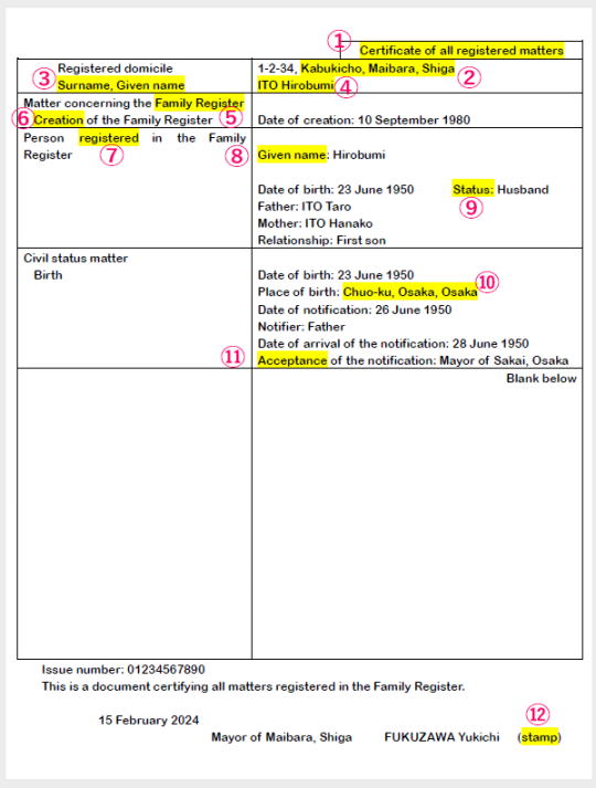 戸籍謄本英語翻訳サンプル